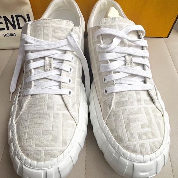 NWT FENDI FORCE FF LOW TOP LOGO CANVAS PLATFORM SNEAKERS WHITE 39.5 - Picture 8 of 10